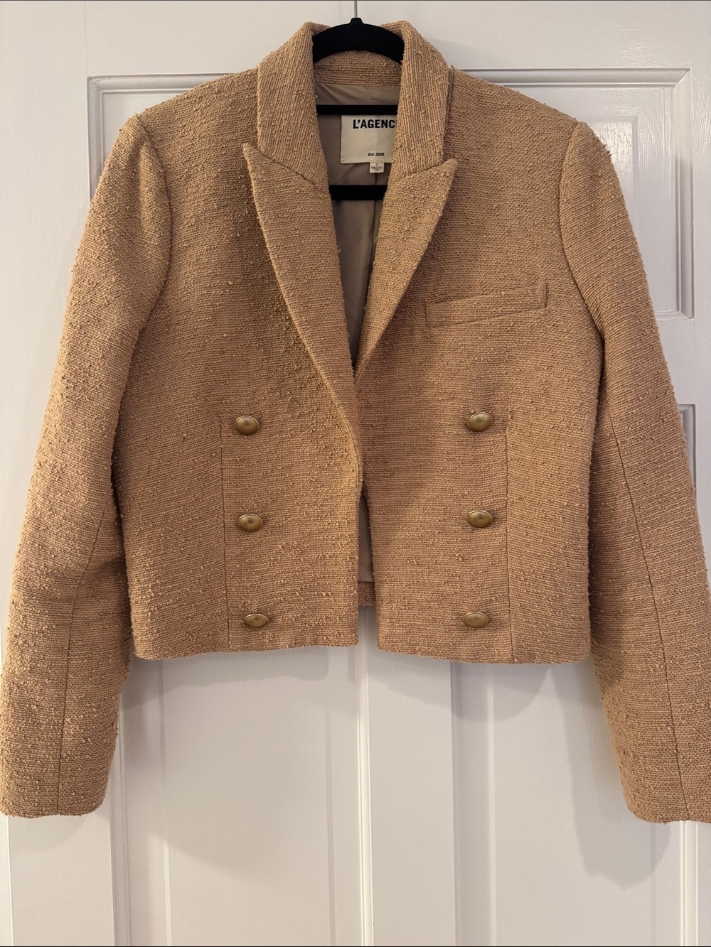 L'AGENCE Double-Breasted Bouclé Blazer in Camel